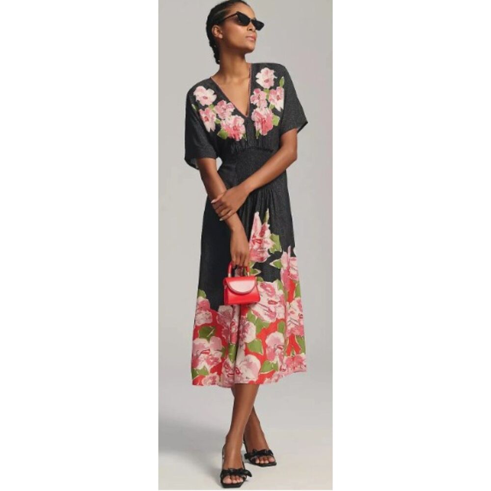Anthropologie Kimono Kaftan Coverup Dress Bl-nk V Neck Floral Tatiana One Size